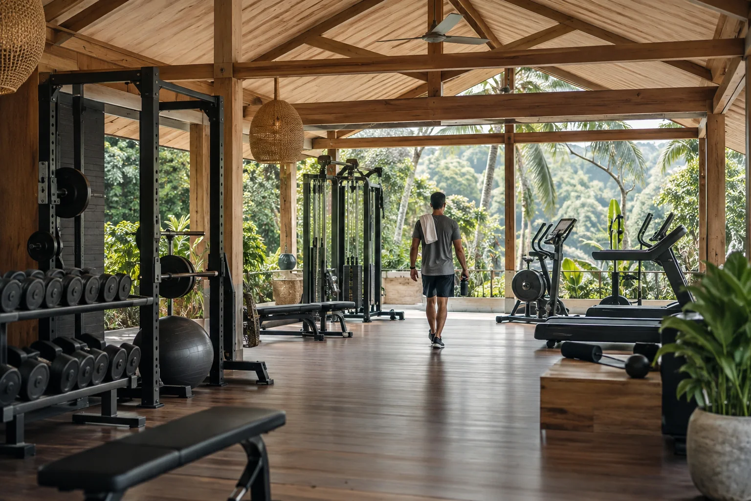 An open-air gym under a timber roof, looking out over jungle.