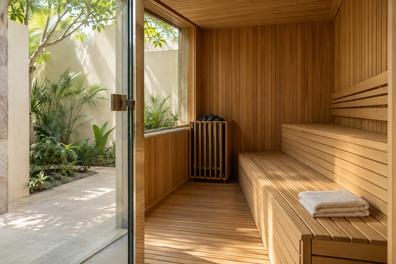 A timber sauna opening onto a planted courtyard.
