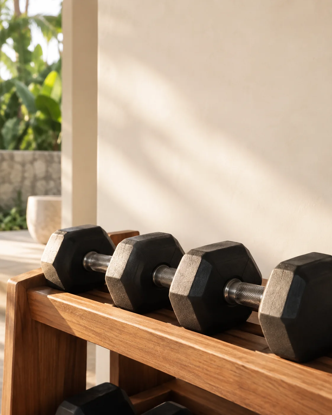 Hexagonal dumbbells on a teak rack in an open-air gym.